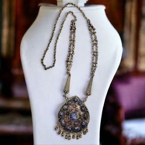 Tibetan Lapis Lazuli,Amethyst Flower Carved Chain Pendant Necklace 36"